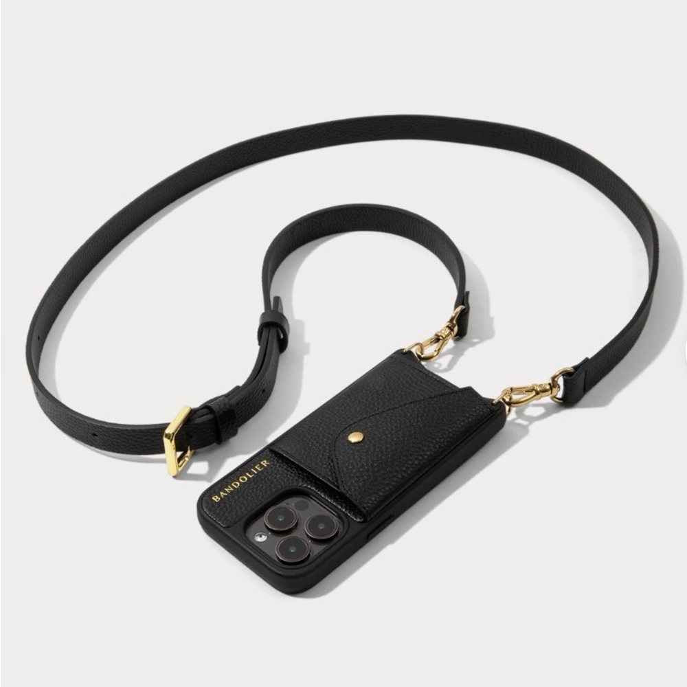 Bandolier Black Leather Hailey Crossbody Phone Case with Gold Hardware